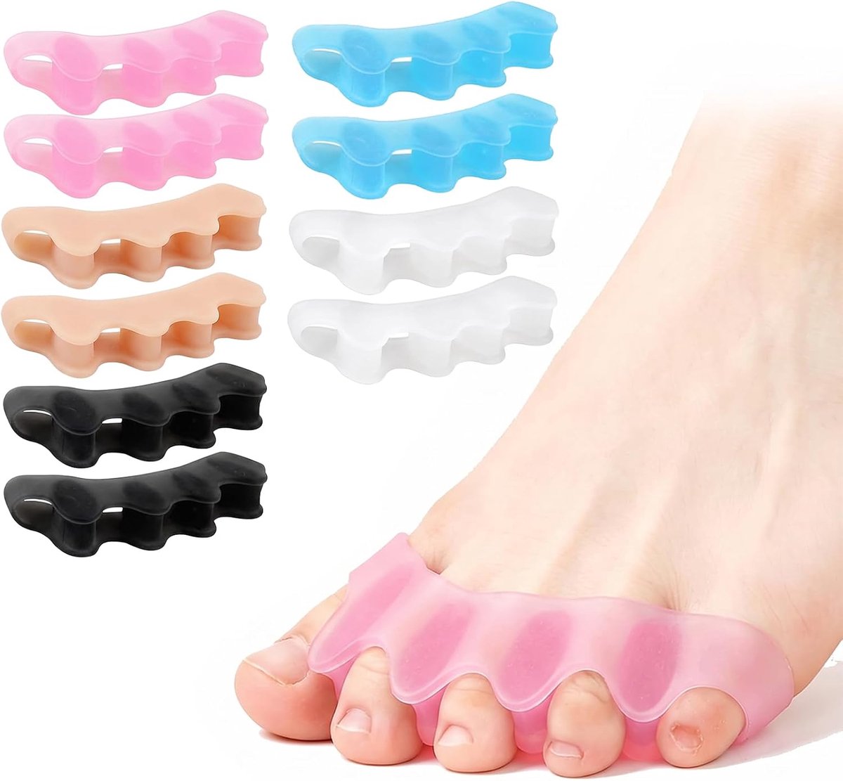 5 paar teenslippers van siliconen, teenspreider voor hallux valgus en overlapping, zachte teencorrector voor dames en heren, verlichting van voetpijn, 5 kleuren