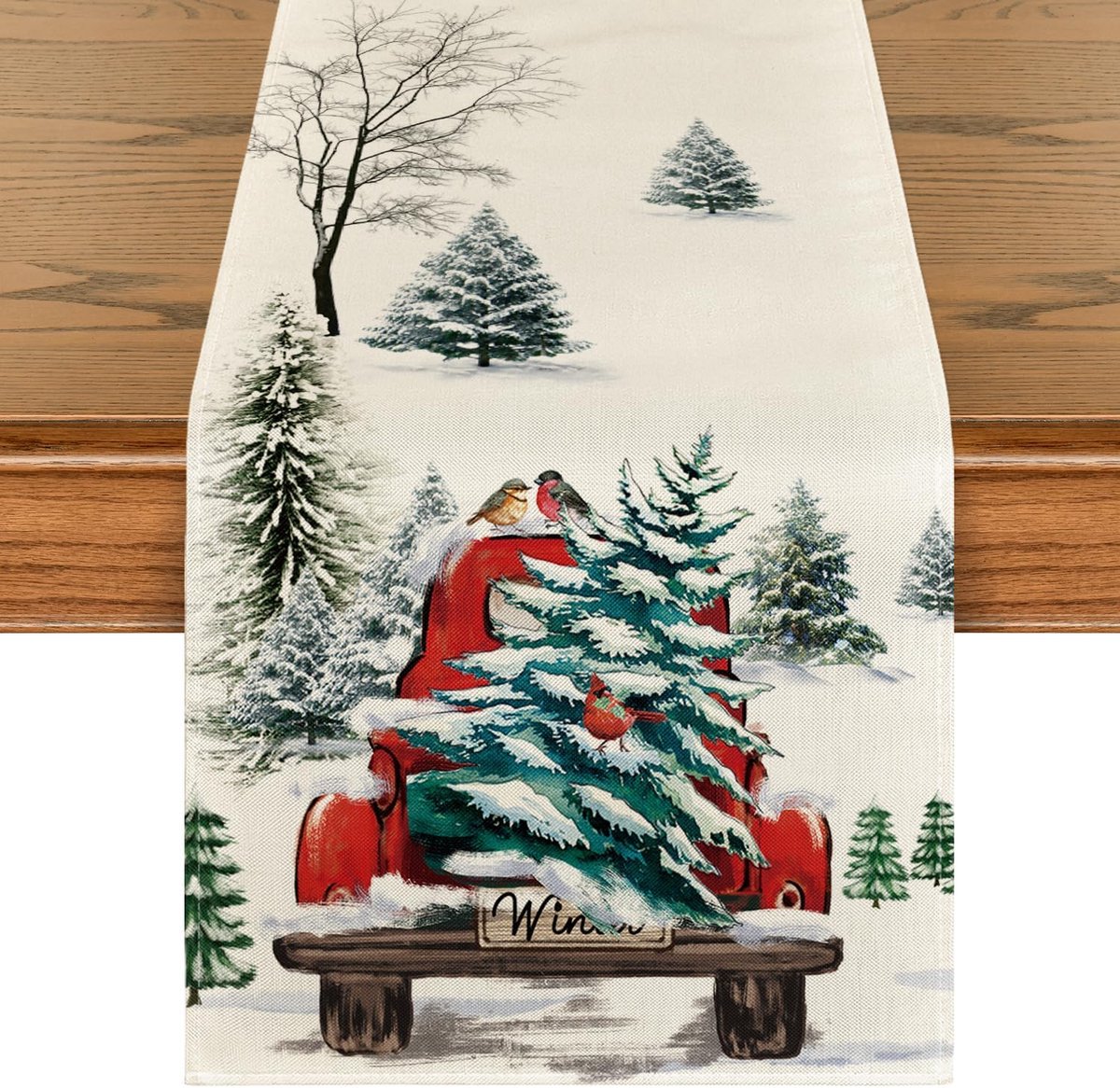 Mode Waterclor Sneeuwdennenboom Truck Kerst Tafelloper, Seizoensgebonden Winter Merry Xmas Keuken Eettafel Decoratie voor Home Party Decor 40x180 cm