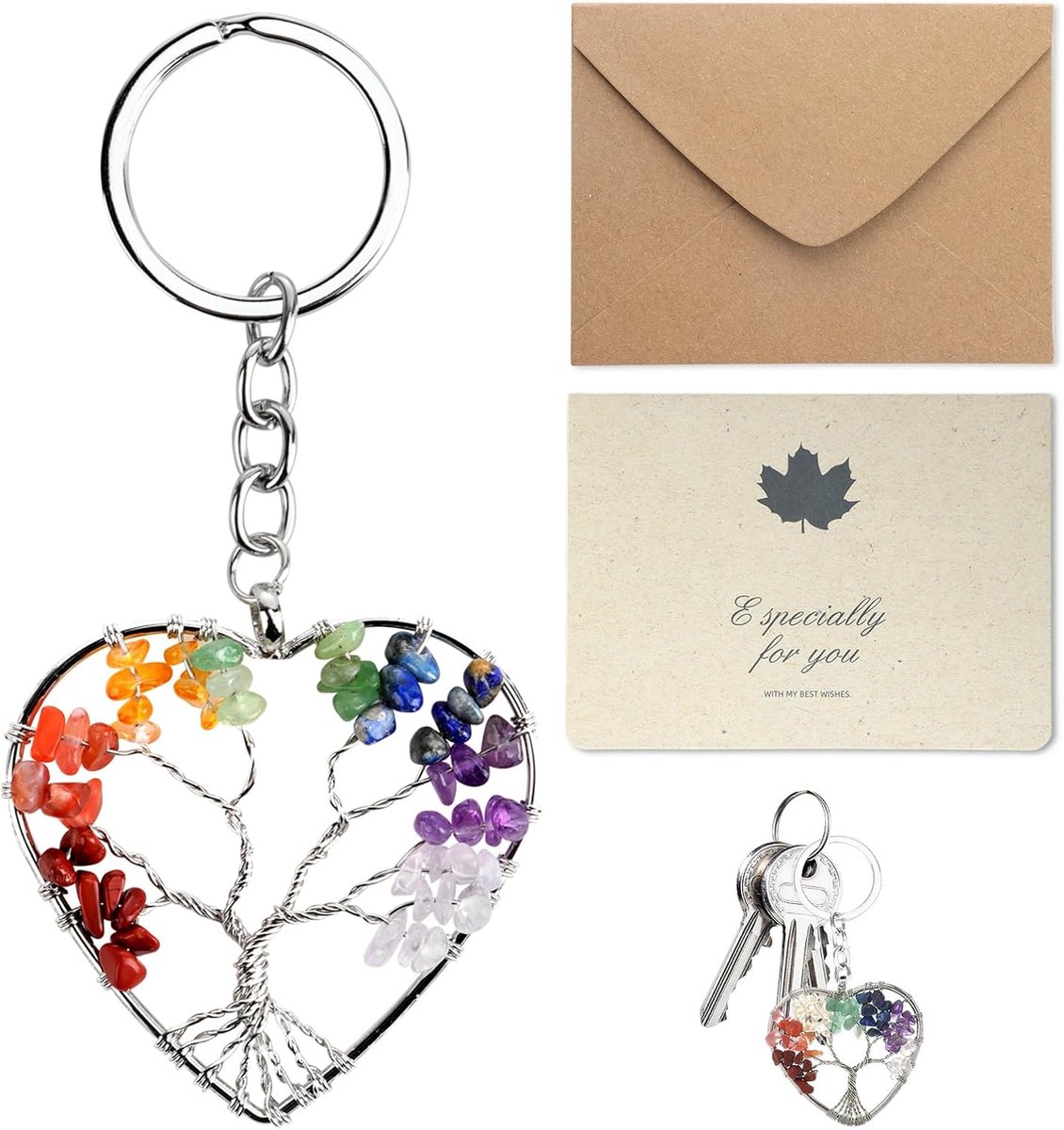 sleutelhanger, 7 chakra-sleutelhangers in hartvorm voor helende sieraden, unieke en gekleurde kristallen hanger voor koppels, vrienden, Valentijnsdagcadeaus, jubileumbedel, Meerkleurig., 11