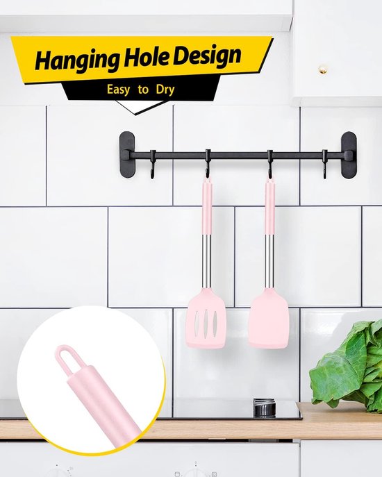 Verpakking van 2 Silicone Solid Turner, Non-Stick Slotted Keuken Spatules, Hoge hittebestendige BPA gratis kookgerei, Ideaal kookgerei voor vis, eieren, pannenkoeken (Roze) — afbeelding 5