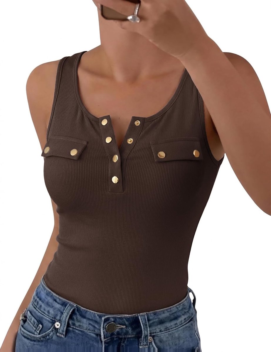 Damestops, sexy, V-hals, tanktop, mouwloos, zomer, bovenstuk, geribbeld, camisole met knopen