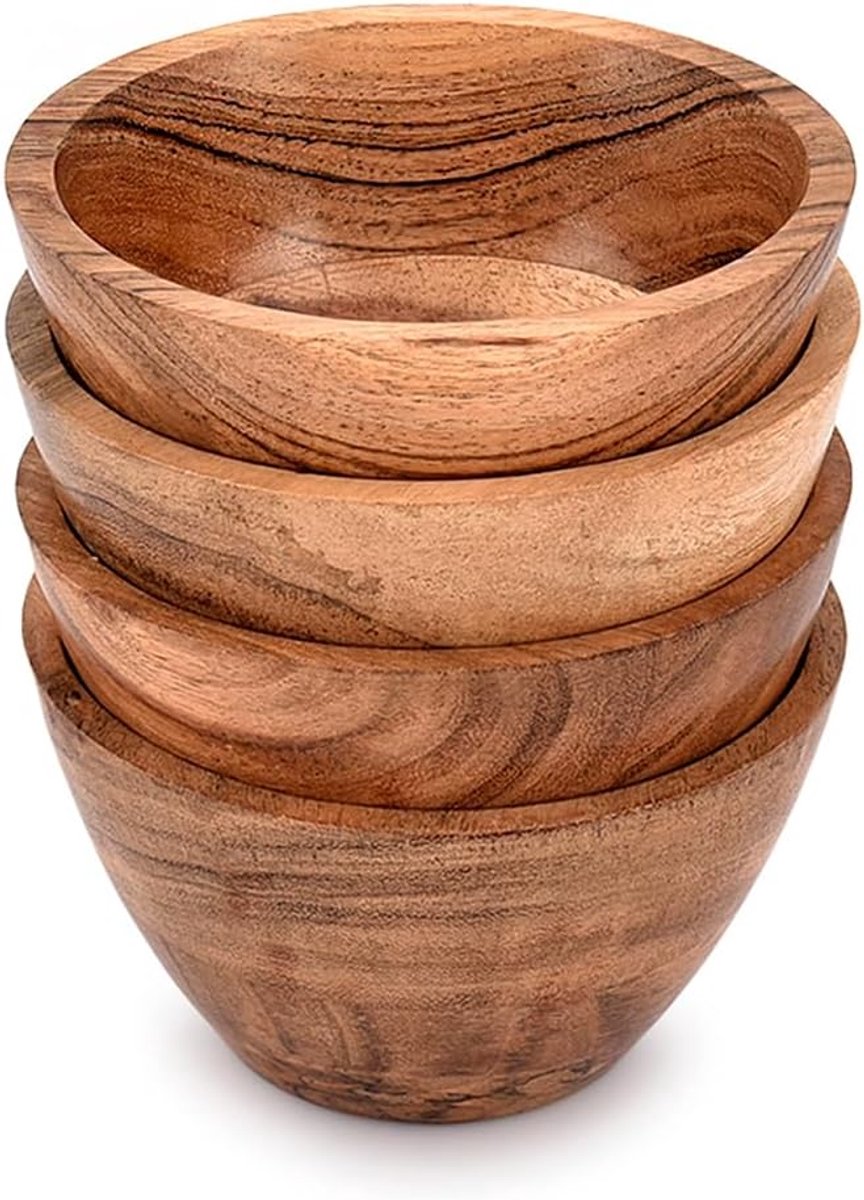 Acacia Hout Kom Set van 4 Bereid Kom Dinerkommen Granen Rijstkommen Multifunctioneel Rond (11,43 cm x 11,43 cm x 6,35 cm)