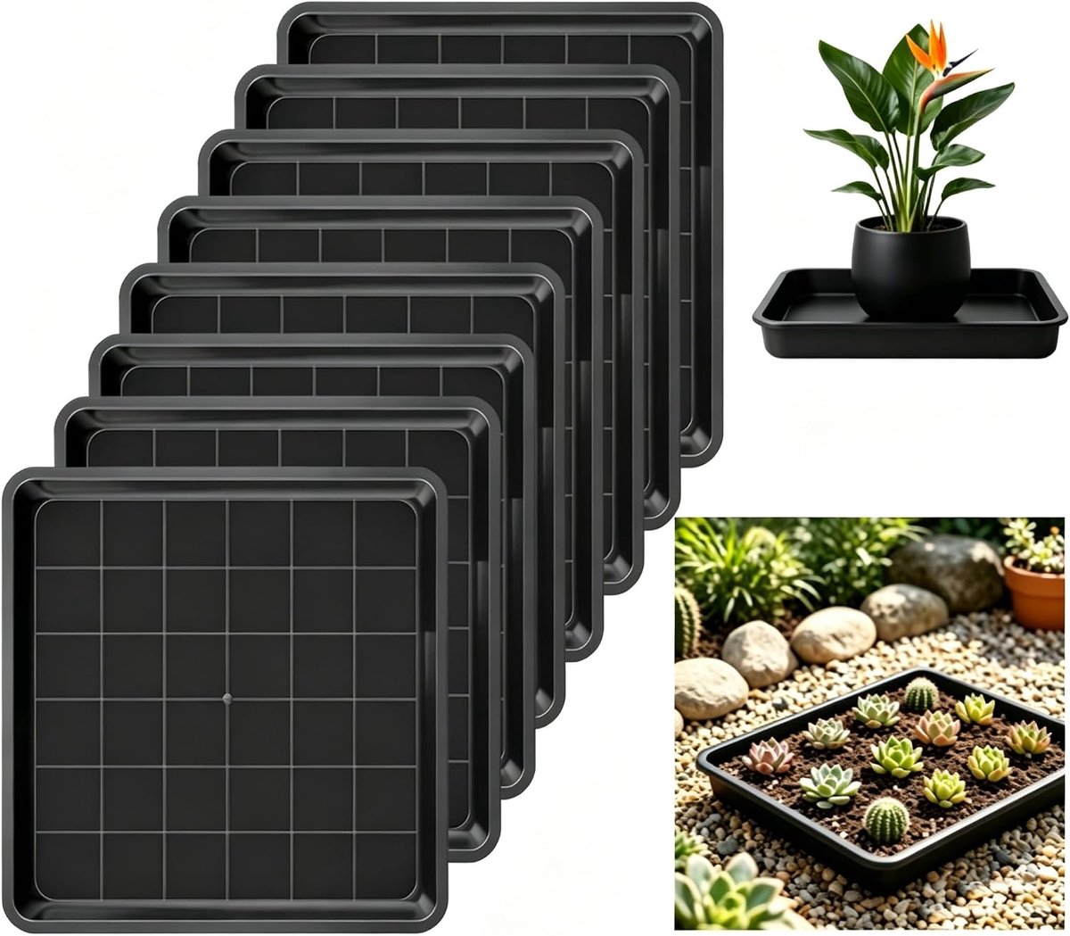 8 stuks bloempotonderzetters, rechthoekig, 18 x 18 cm, bloemenonderzetters | Vierkante plantenonderzetter, kunststof, zwart, plantenbak, plat, voor binnen en buiten, plantenbak, opvangbak