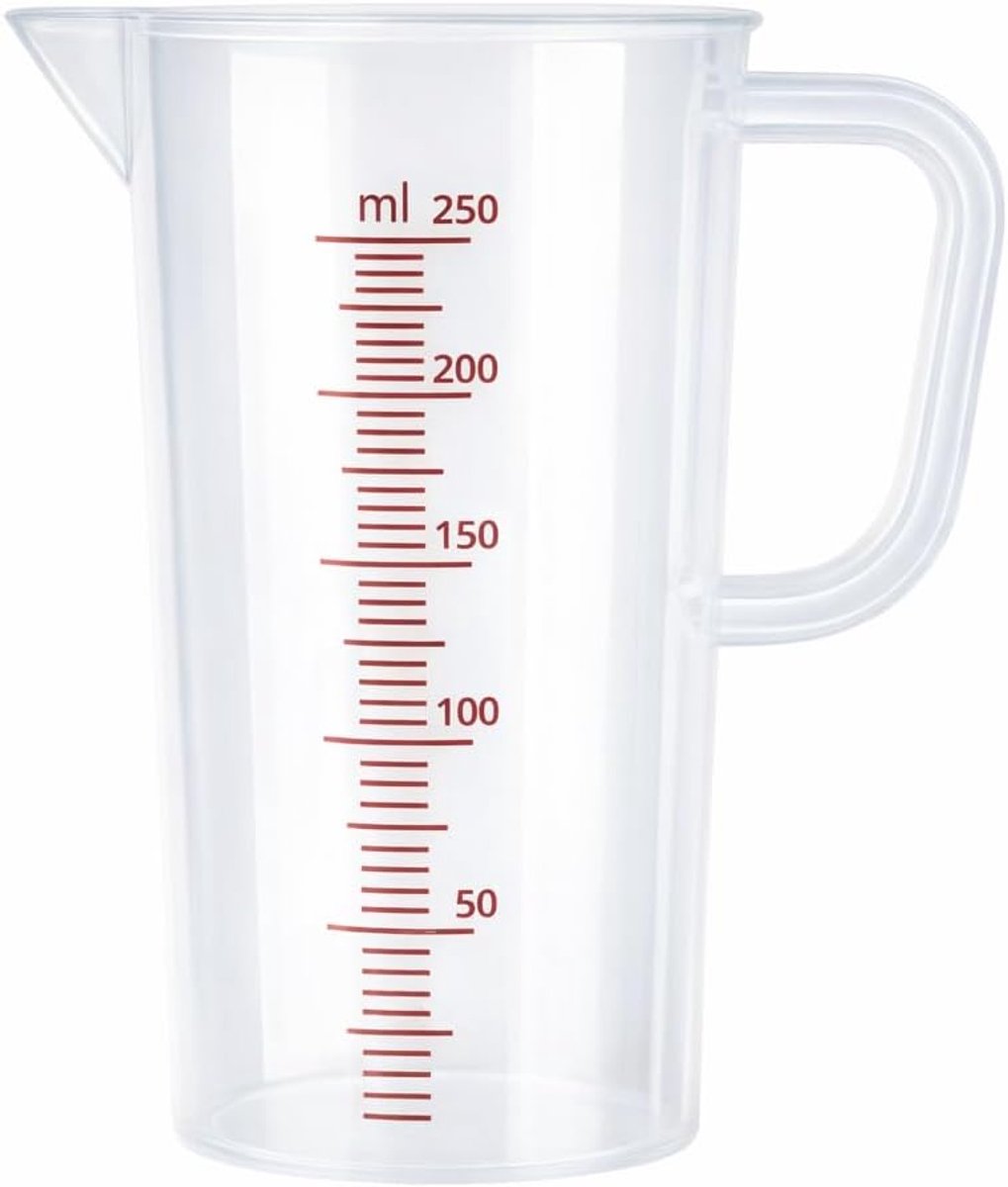Maatbeker van kunststof, transparant, 250 ml, met handvat en schenktuit, BPA-vrij, 11 cm