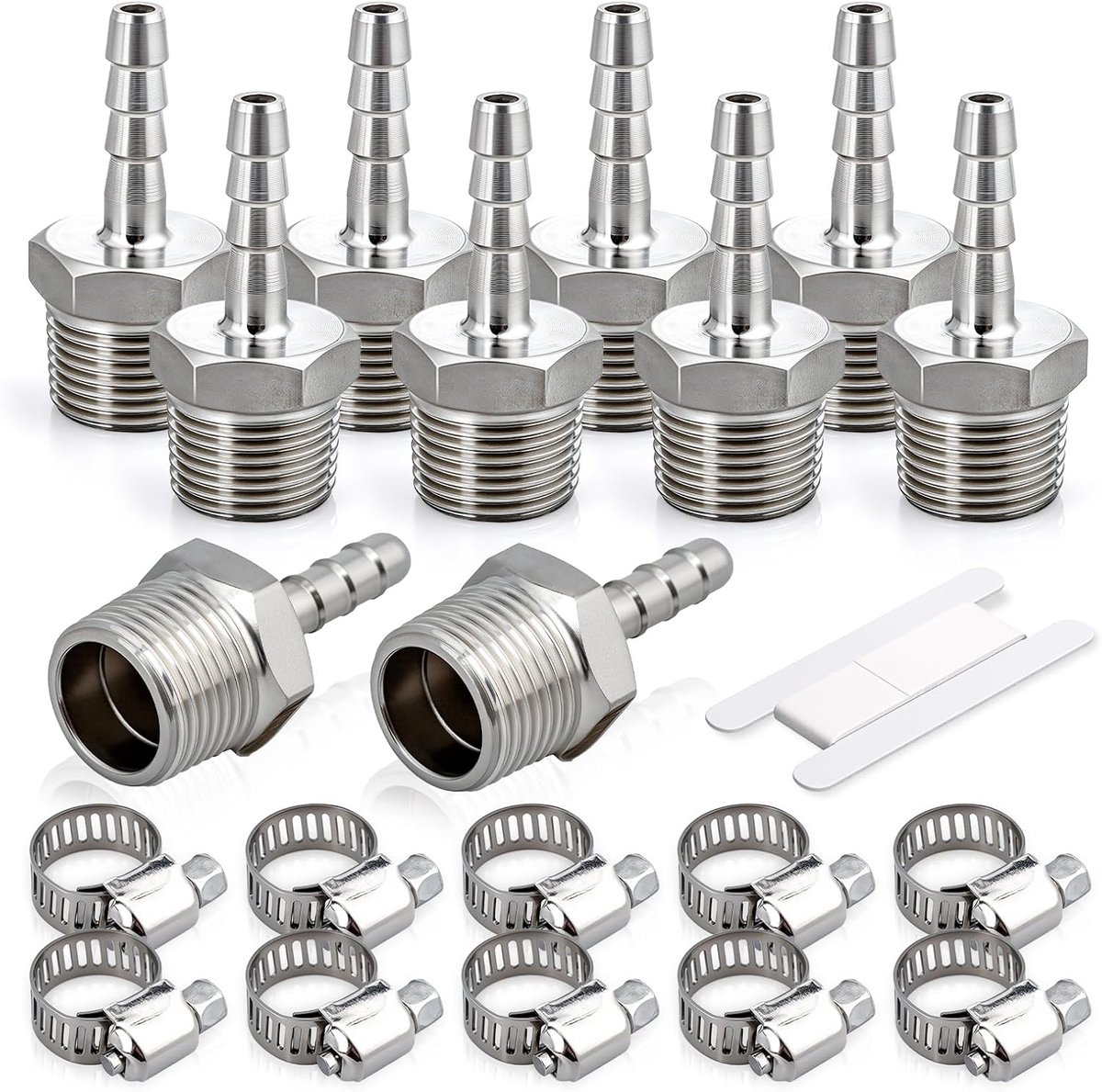 10 stuks roestvrij staal slang Barb hulpstukken, 3/8” BSP Male x 6MM Barb Connector met 10 stuks klemmen, slang Barb Adapter Barb hulpstukken voor lucht, brandstof, water, olie