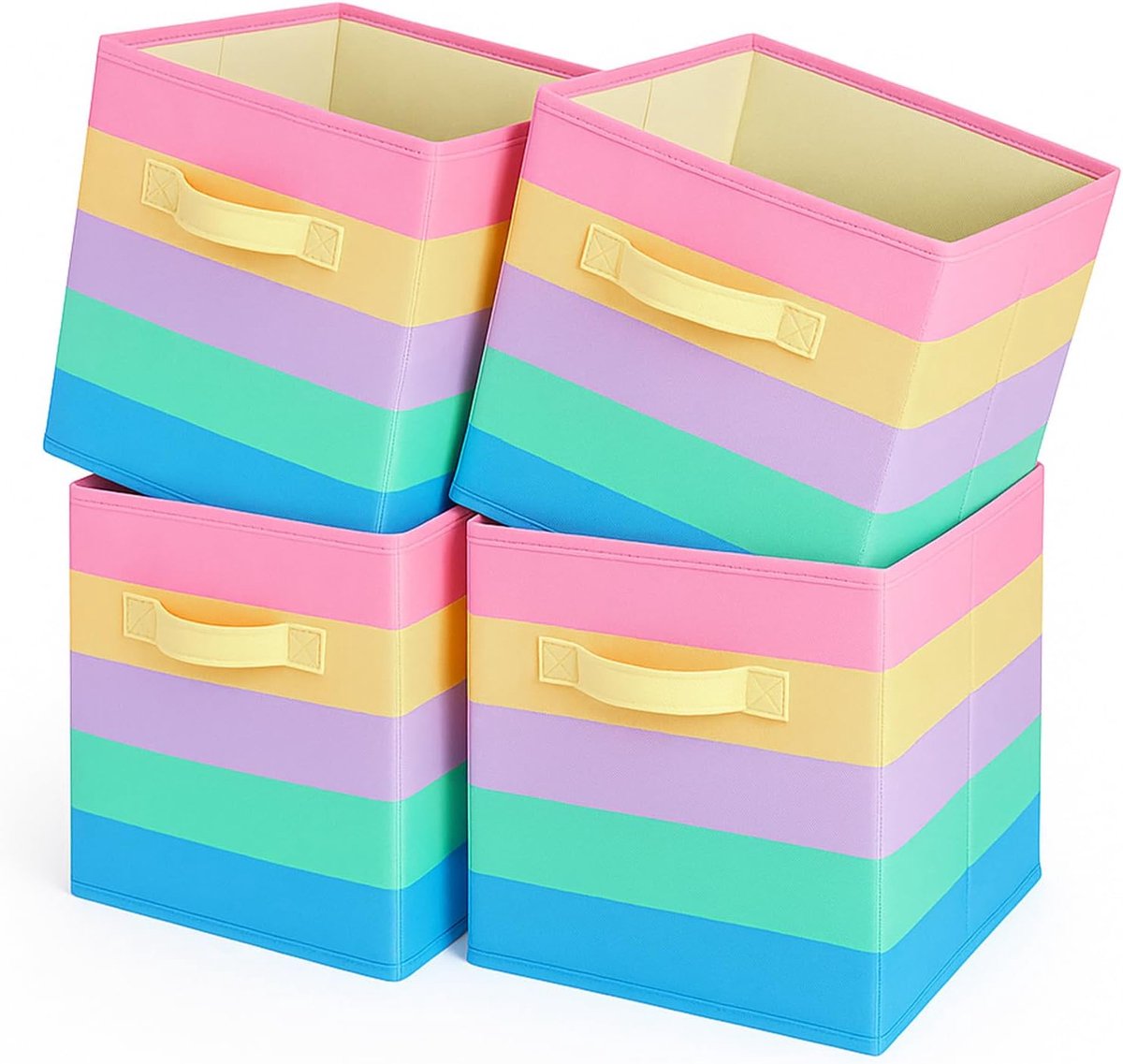Opbergdoos, inklapbare stoffen opbergkubus met handgrepen voor thuis, kinderkamer, kast en speelgoedorganisatie, set van 4, 26,7 x 26,7 x 27,9 cm, regenboogstreepjes