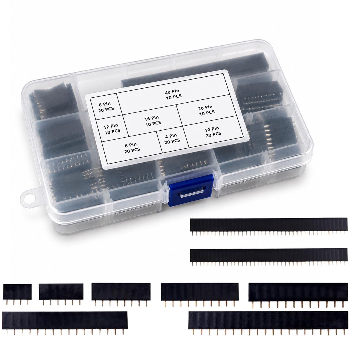 120 stuks 2,54 mm bussen assortiment, enkele rij rechte stapelbare vrouwelijke pin header connector, PCB plint en pinlijsten adapter voor Arduino Shield, 4/6/8/10/12/16/20/40 pinnen