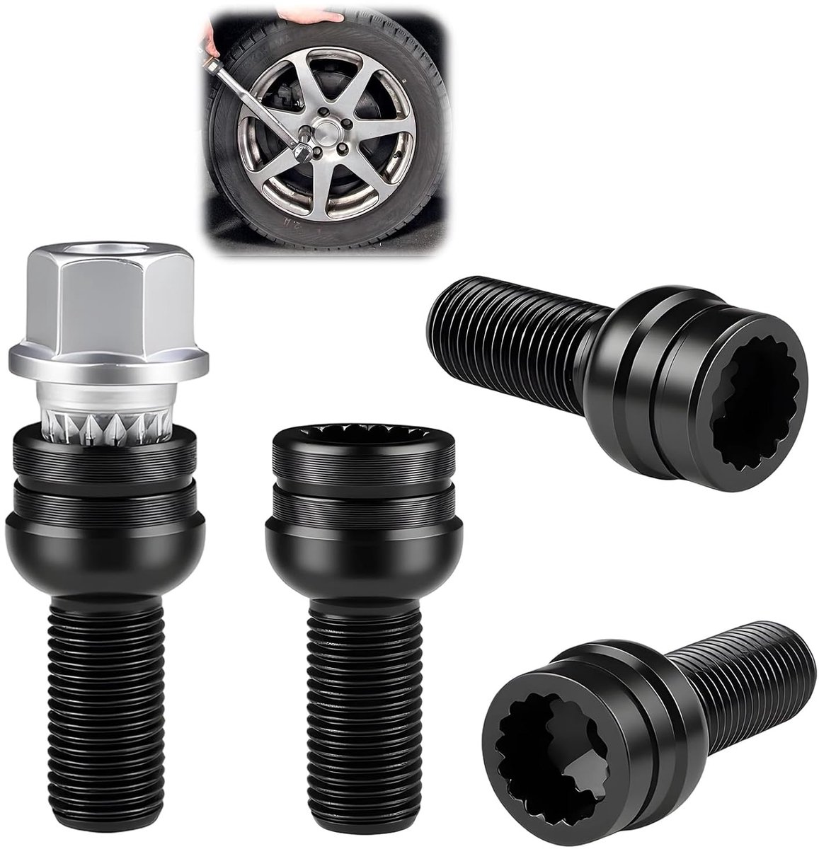 Bouten, diefstalbeveiliging, zwart, M14 x 1,5 mm, veilige wielmoeren van zeer sterk staal, met veiligheidssleutel, voor Europese auto's