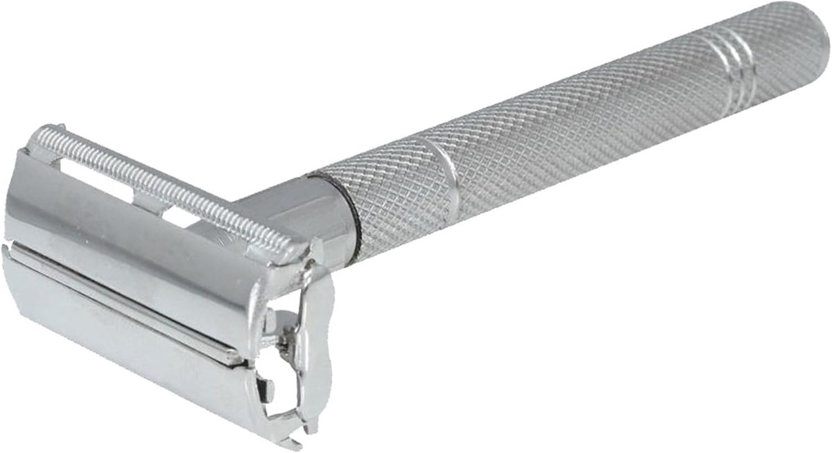 Instrumentx Premium dubbele rand veiligheidsscheermes enkel mes metalen herbruikbaar roestvrij staal veiligheidsscheermes voor mannen en vrouwen wordt geleverd met een lederen zakje (zilver)