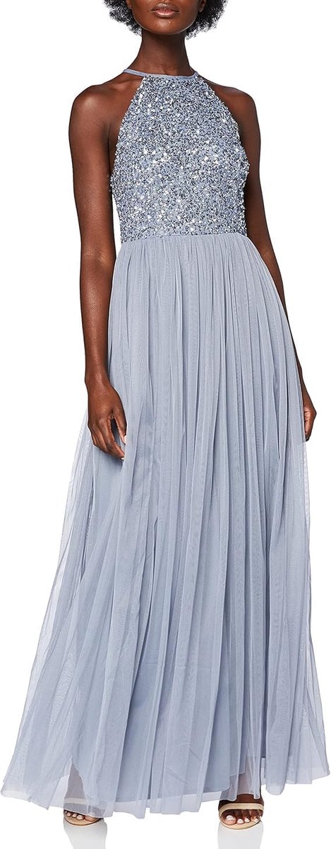 Deluxe Vrouwen dames bruidsmeisje maxi jurk halter hals pailletten verfraaid prom afstuderen bruiloft, Dusty Blauw, 34