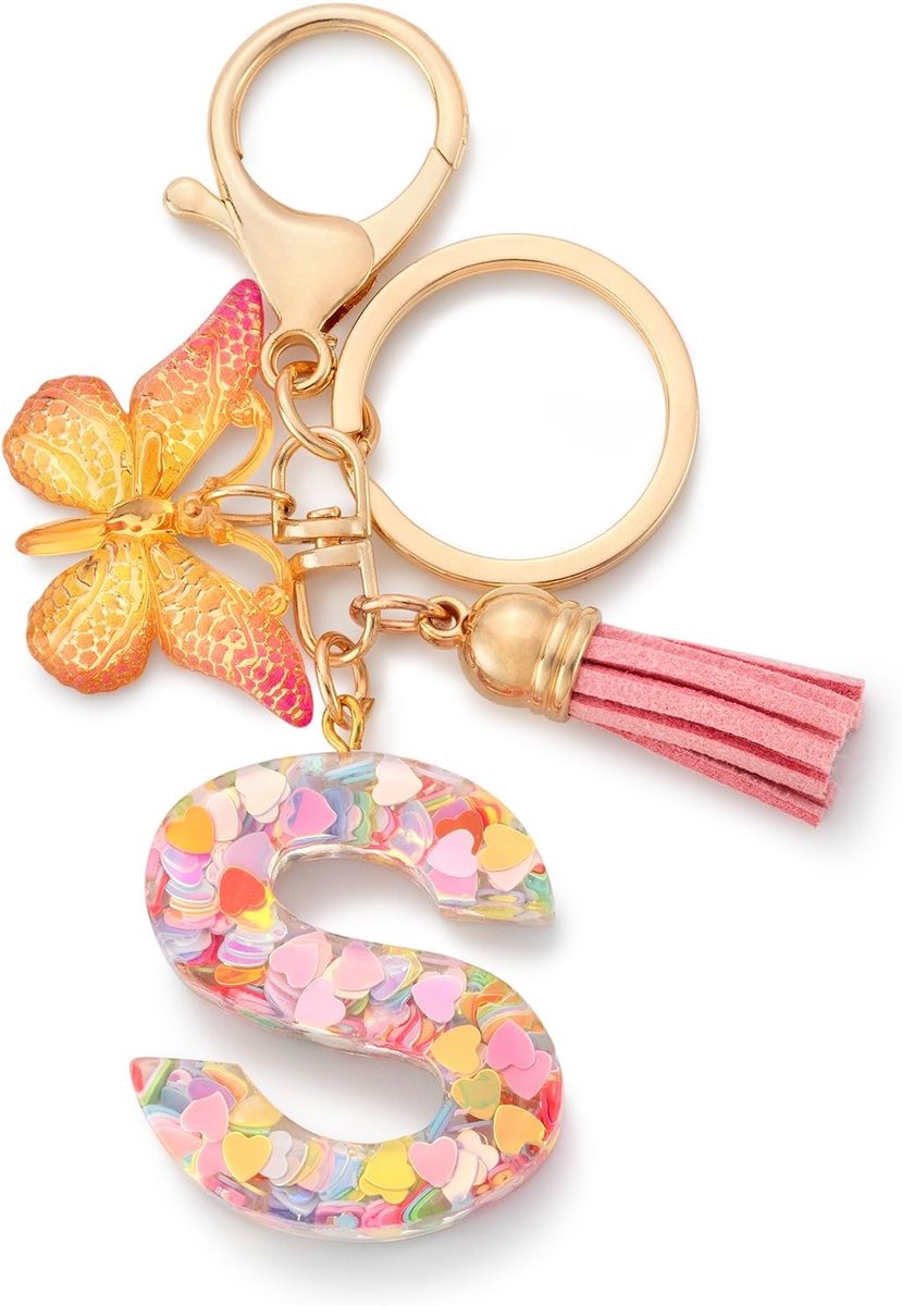 Sleutelhanger letter meisjes sleutelhanger met beginletters vlinder autosleutelhanger voor vrouwen, roze-s, S
