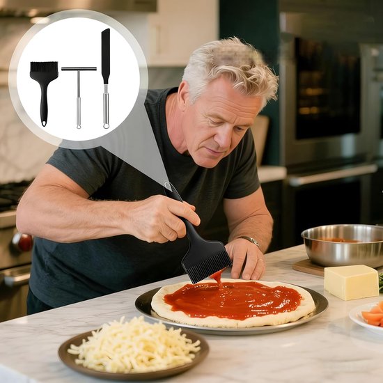 3-delige deegdispenser van roestvrij staal en spatel van siliconen, olieborstel, pannenkoekenset, spatel voor cake, crème, pan, keuken, verdeel pannenkoekendeeg — afbeelding 4