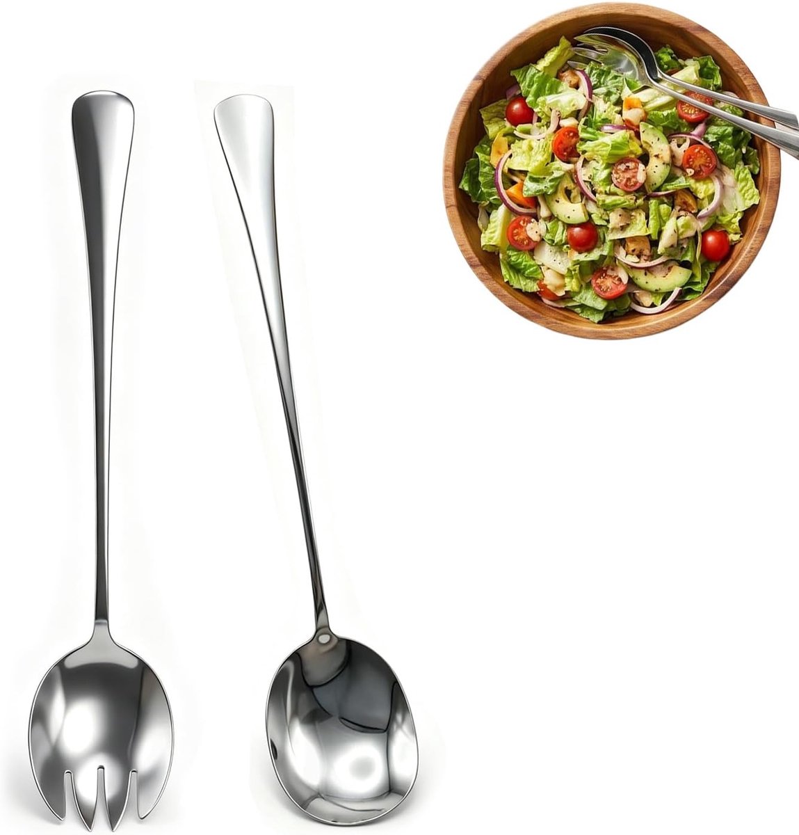 Saladebestek van roestvrij staal, 28 cm, grote lepels en vorken voor het serveren van salades, saladevorken, slalepels met ergonomische handgrepen