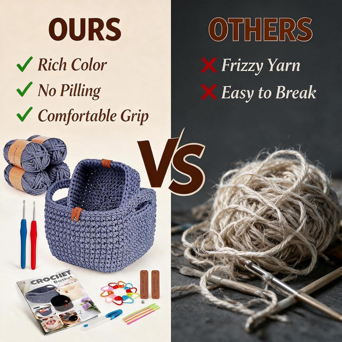 Haakset voor beginners, 2 stuks haakset, doe-het-zelf vierkante mand haken, breien voor beginners, haakset tas, haakgaren voor manden, met 2 haaknaalden, 4 haakgaren, accessoires, handleiding