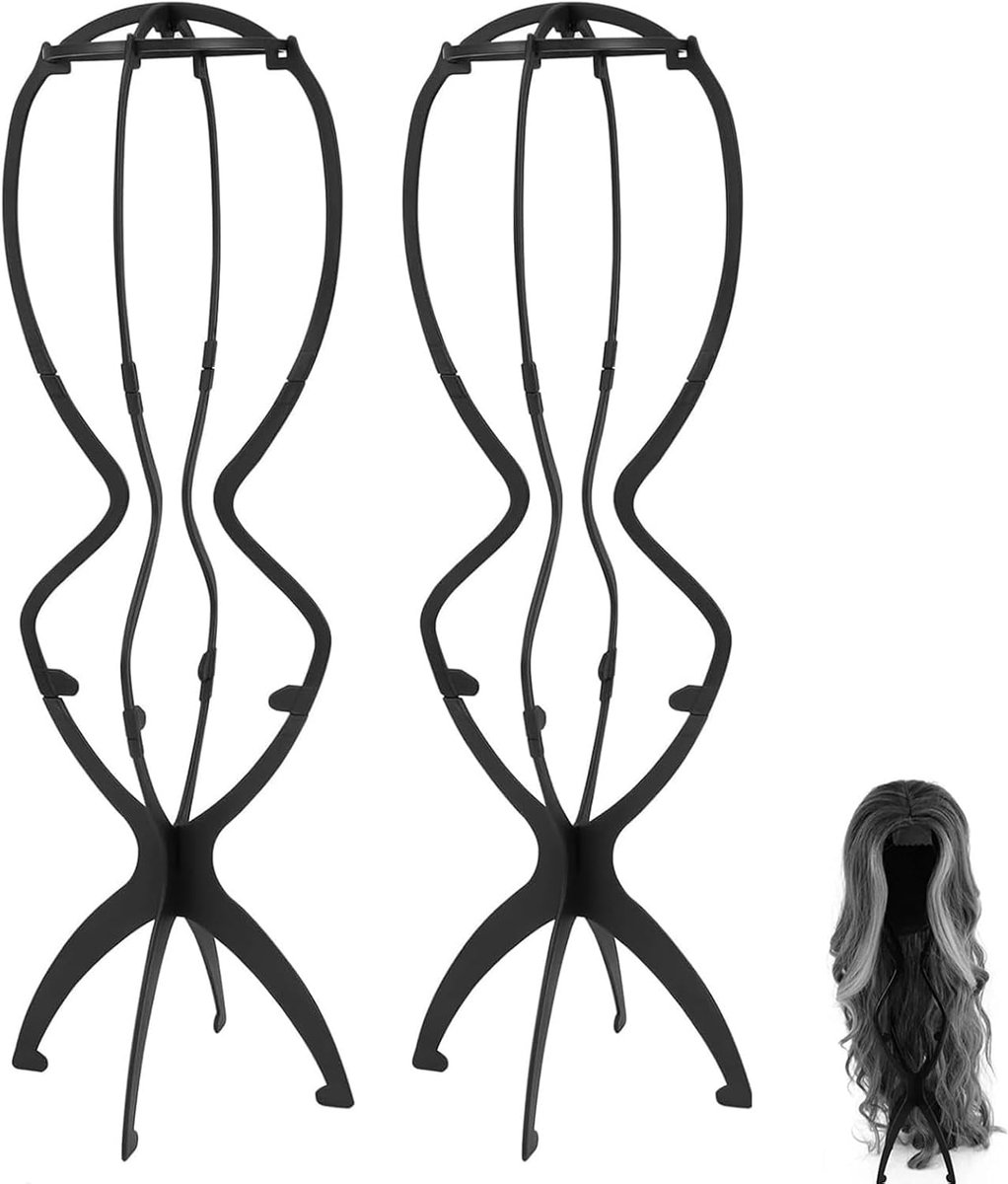 Pruikstandaard, 2 stuks opvouwbare plastic pruikhoofdstandaard voor lange en korte pruiken, draagbare mannequin hoofdstandaard statief voor styling, verstelbare pruikhouder, zwart
