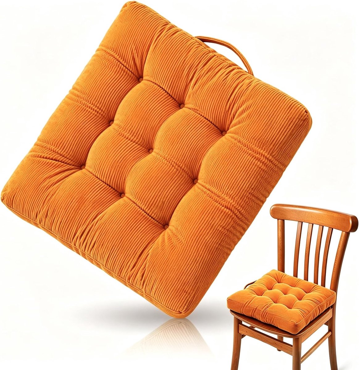 Vloerkussen, zitkussen, 40 x 40 cm, draagbaar vloerkussen met handvat, corduroy, vierkant vloerkussen, comfortabele stoelen voor keuken, barkruk, bank en tuinstoel (oranje)