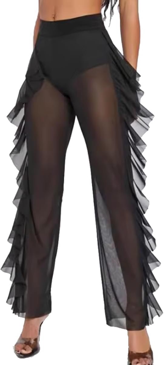 Transparante uitlopende broek voor dames, brede pijpen, transparante mesh-strandbroek, elastische bikini, ruches, hoge taille, lang netkostuum