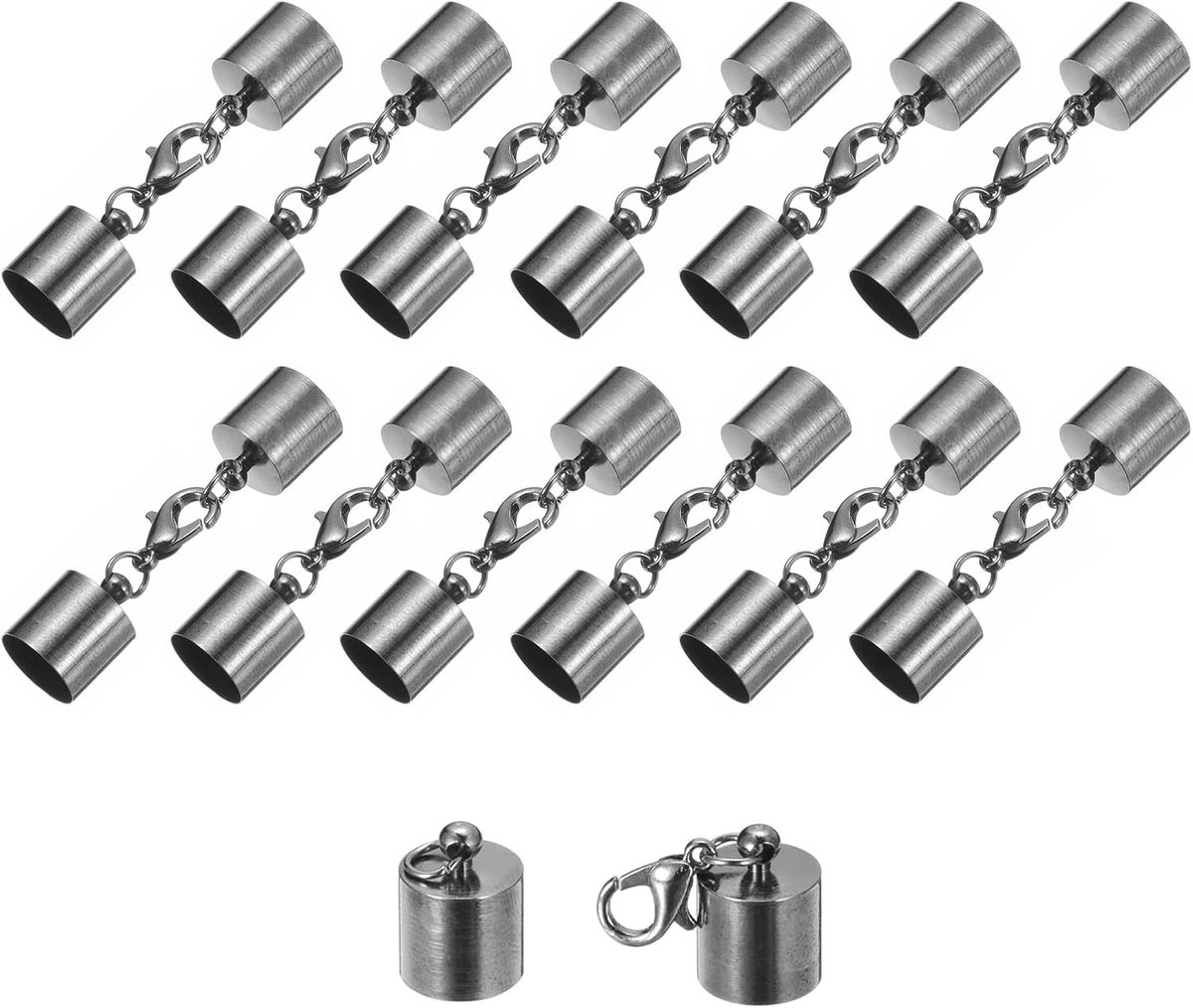 Sourcing map 20 Set 10 mm lederen koord eindkappen met kreeftsluiting klemmen cilinder eindstukken voor doe-het-zelvers maken lederen armbanden metallic zwart