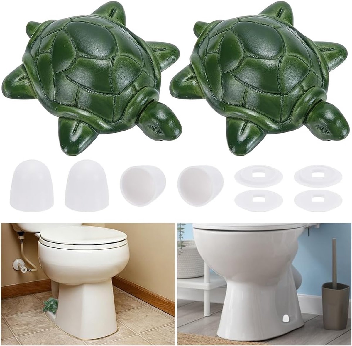 2 doppen voor wc-moeren, groene schildpad en 4 universele doppen voor badkamer, huis, 6,4 x 7,6 x 2,3 cm