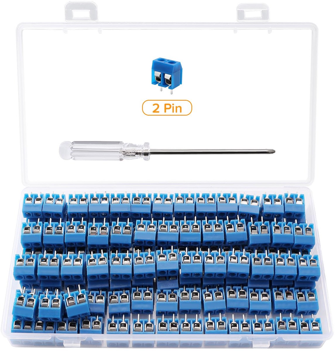 100 Stuks 5mm Spoed 2-Pins PCB Mount Schroef Klemmenblok, PCB-Klemmenblok, met Schroevendraaier, voor Arduino DIY-Project, Blauw