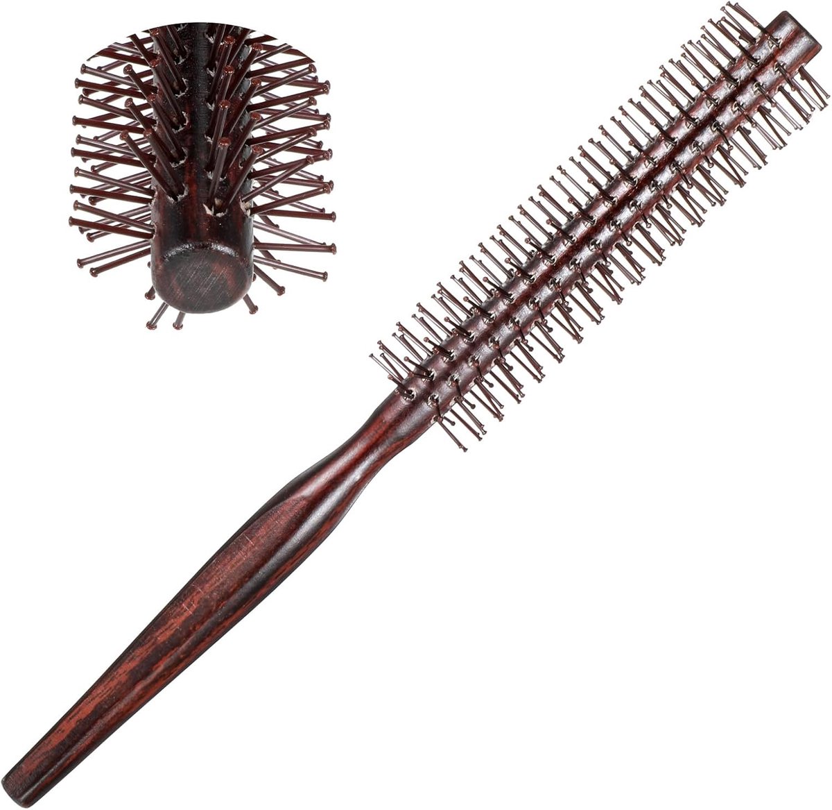 borstel voor dames en heren, kleine reishaarborstel met houten handvat en nylon pinnen, roller-structuurkam voor styling en volume, pony, föhnen, dun, dik, krullend haar, 2,85 cm diameter