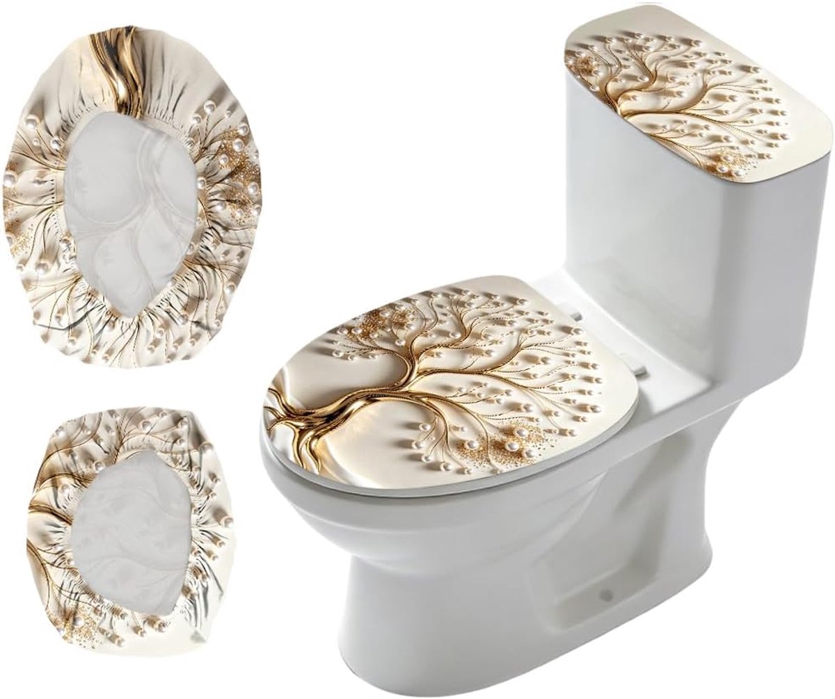 2 stuks levensboom wc-dekselafdekking en tankafdekking, set rekbare afdekking, sets, goud, toiletbril, afdekkingen, stof, sets, badkamer, vervanging