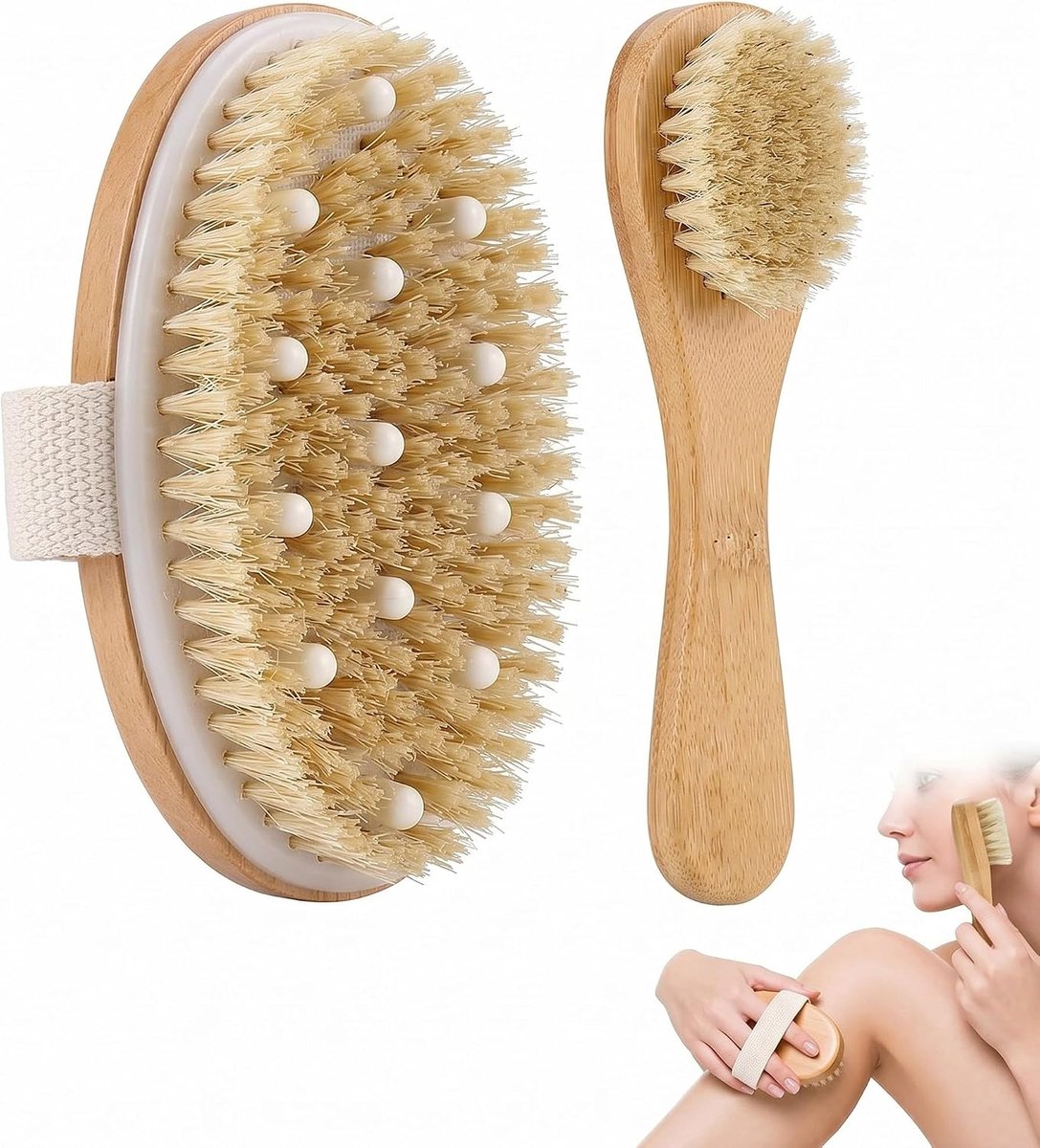 Droogborstelset 2-delig - natuurlijke borstelharen - massageparels - stimuleert lymfedrainage - ShopVlot