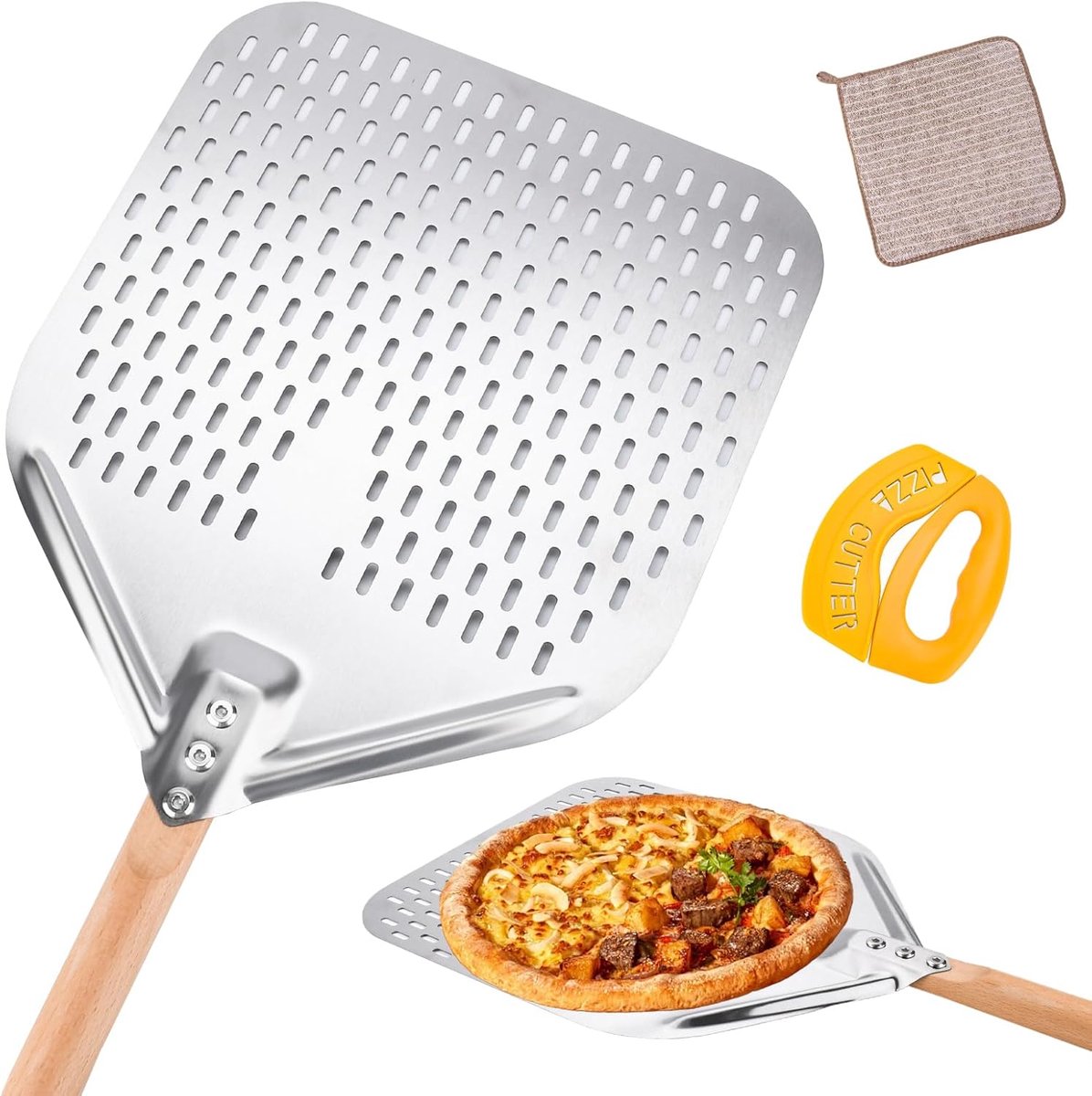 Pizza shovel 12 inch - perforated roestvrij staal - afneembare houten handgreep - ideaal voor zelfgemaakte pizza - ShopVlot