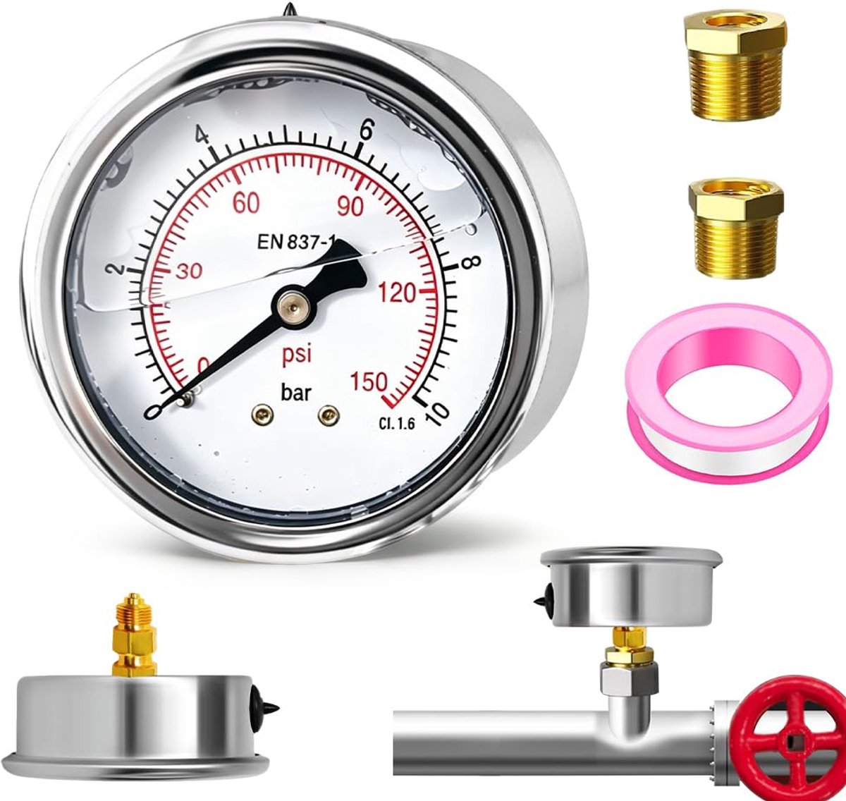 Drukmeter 0-10 bar/psi - 63mm glycerine gevuld - messing G1/4" BSP aansluiting - stabiele en nauwkeurige meting - ShopVlot