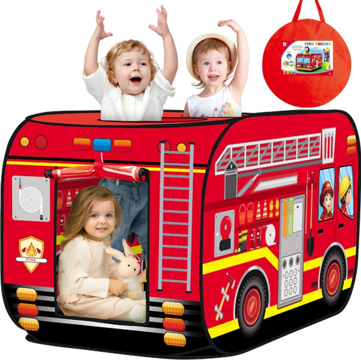 Casalora Kindertent Pop-Up – Speeltent Brandweerauto – Indoor & Outdoor Speelhuisje – Opvouwbaar – Inclusief opbergtas - Voor 3+ Jaar