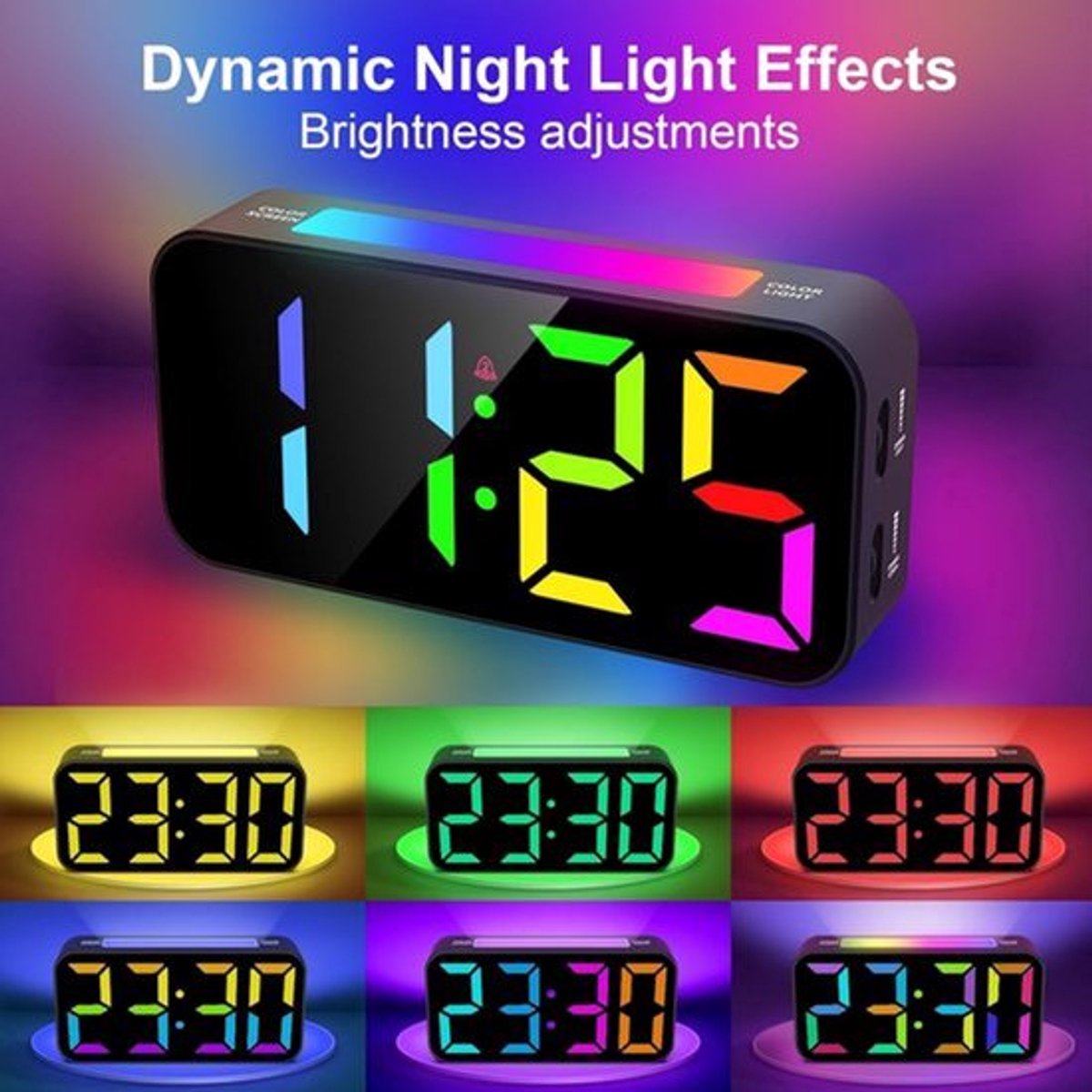 RGB-wekker met nachtlamp - Digitale klok naast het bed - 9 kleuren instelbaar - 3 alarmgeluidsniveaus - Extra groot 7-inch display - Snooze-functie - Dimbare verlichting - Voor slaapkamer