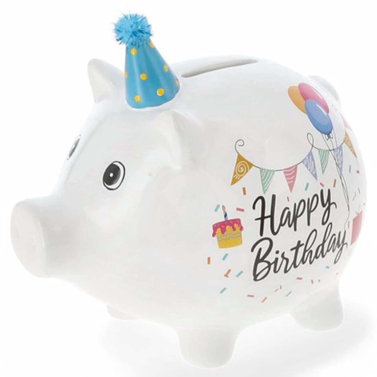 Spaarpot Happy Birthday - dolomiet varkentje met feesthoed - decoratief cadeau voor elke verjaardag (L: 17 x 16 x 12,5 cm)