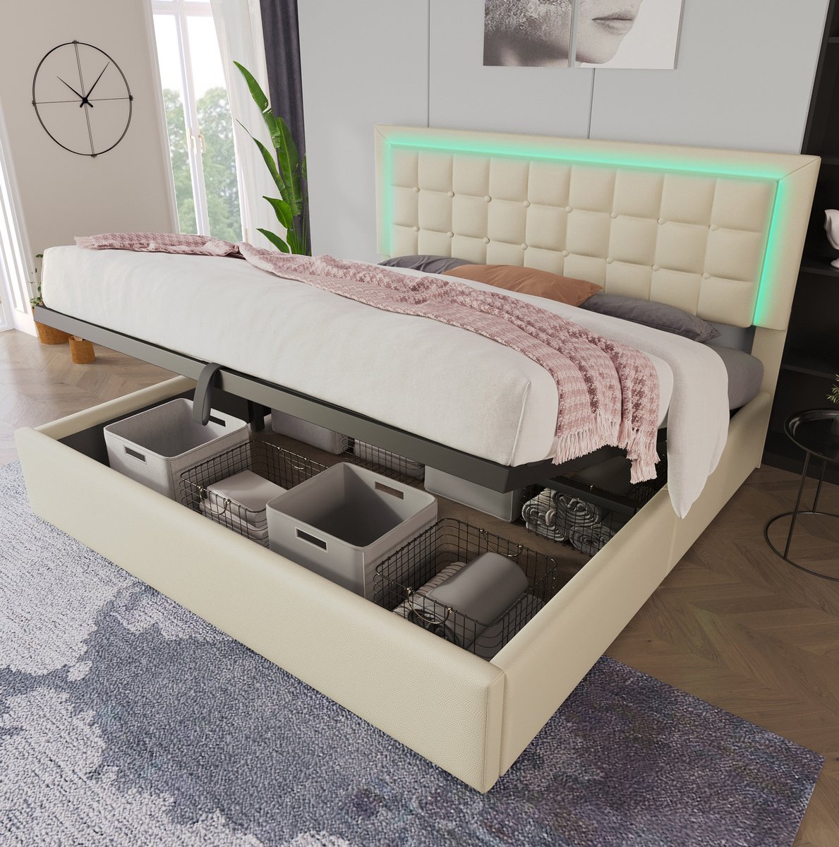 REDOM - Bed - Opbergruimte en LED-verlichting - Gestoffeerd frame met lattenbodem - Hydraulisch hefmechanisme - Modern - Kunstleer - Wit - 213 x 166 x 95-105 cm