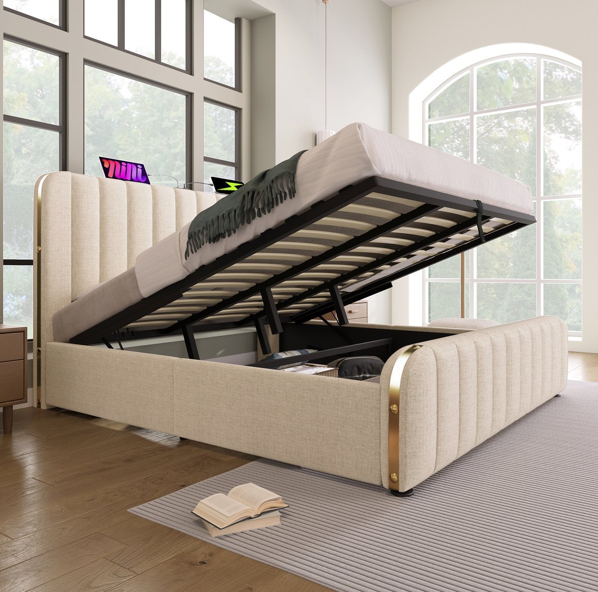 REDOM - Bed - Gestoffeerd hoofdbord met USB en Type-C - Hydraulische opbergruimte - Lattenbodem - Beige stof en metaal - 216 x 190 x 101 cm