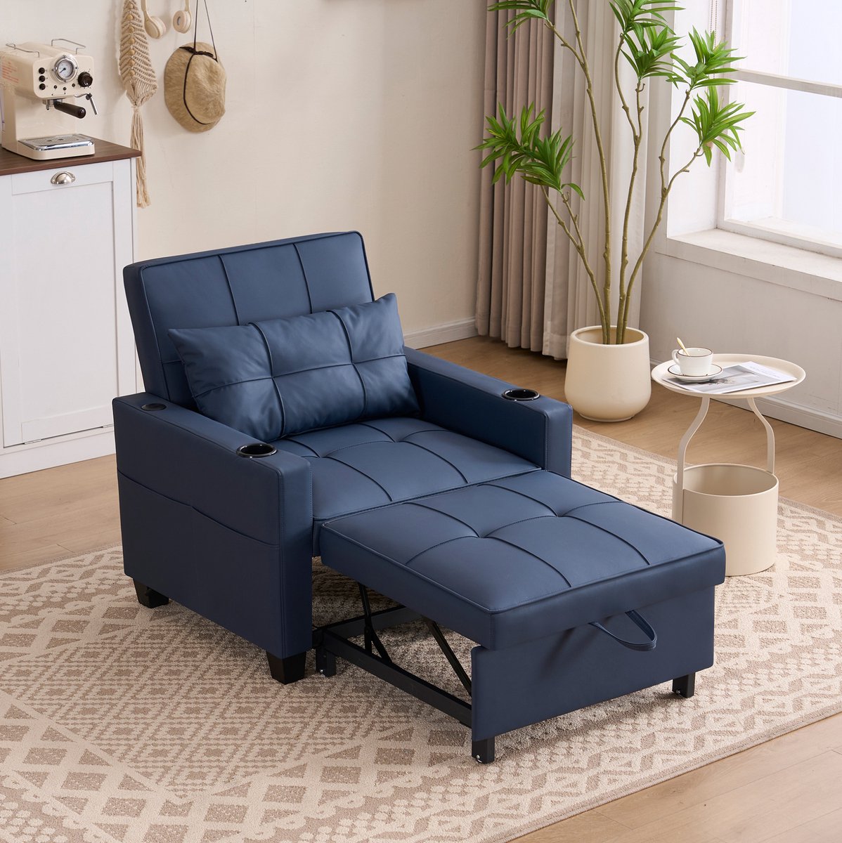 STILVORA Fauteuil 74 x 87 x 84 cm - 3-in-1 Uitschuifbare Slaapstoel Met USB-Aansluiting En Bekerhouders - Hout En Metaal - Blauw