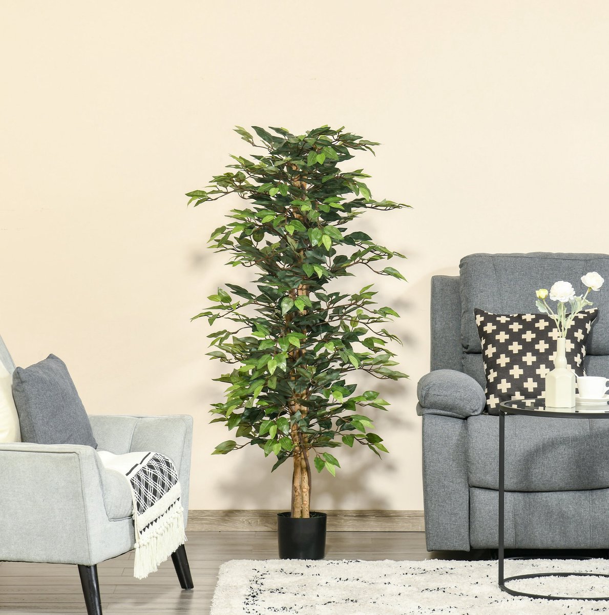 FloraGrace Kunstmatige Vijgenboom 150 Cm Onderhoudsarm Kunststof Met Cement Groen Voor Binnen En Buiten Met Zwarte Pot Realistisch