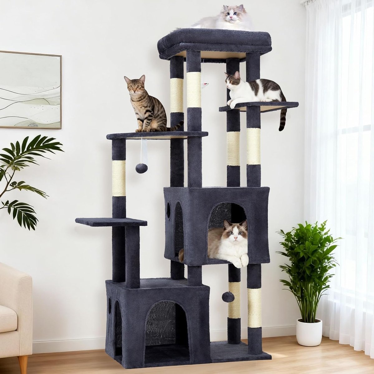61" grote kattenboom voor binnenkatten – Stevige kattenboom met meerdere verdiepingen – Extra grote zitplaats – Sisal-krabpalen – Donkergrijs