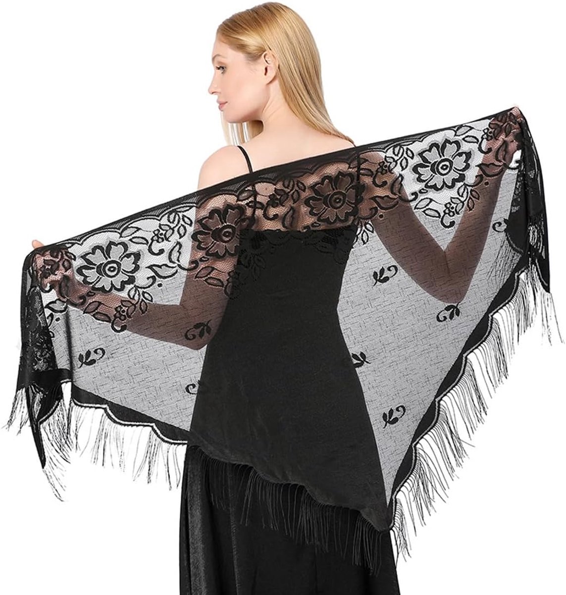 Lace sjaal - zwart - elegante kanten sjaal met franjes - perfect voor avondkleding - ShopVlot