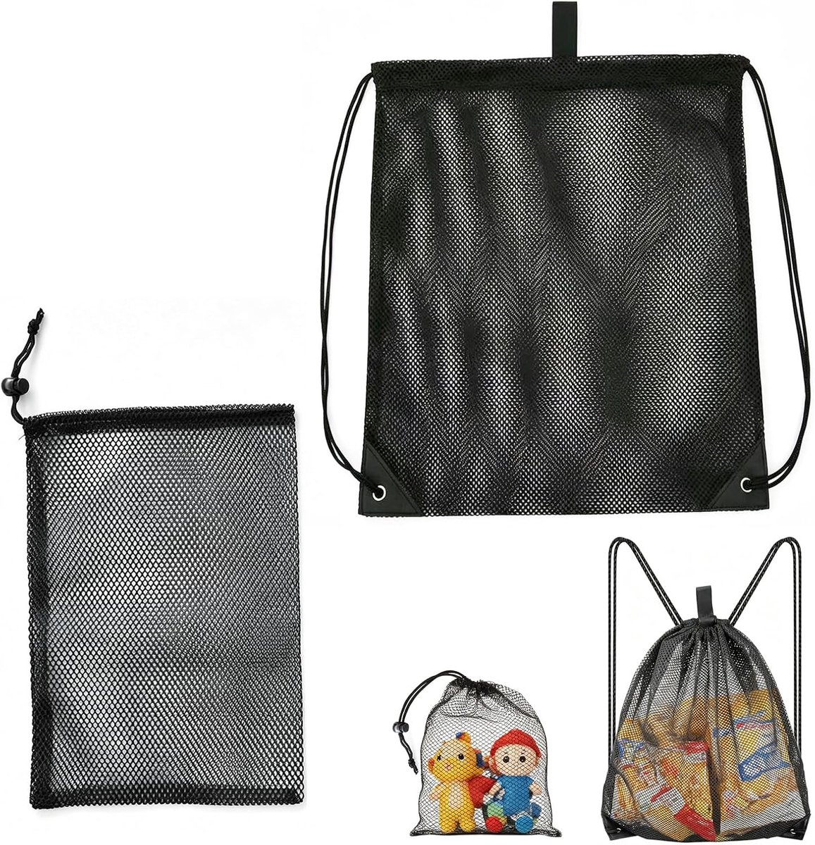Netzakken met Trekkoord 2 Stuks - Zwarte Polyester Mesh - Opbergzakken voor Zwemmen - Ideaal voor Sport en Reizen - SnelShoppen