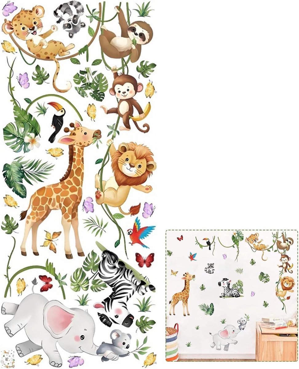 Wandsticker Jungle Dieren - PVC Wanddecoratie - Levendige Jungle Atmosfeer - Perfect voor Kinderkamer - SnelShoppen