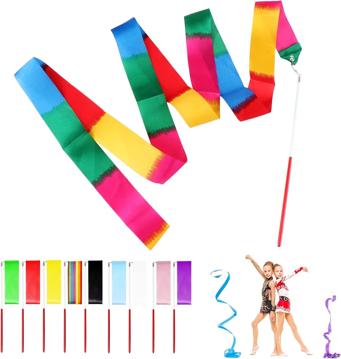 Gymnastiekband 2m Rainbow - Set van 10 kleuren - Zachte zijde en fiberglas stok - Perfect voor dans en twirling - SnelShoppen
