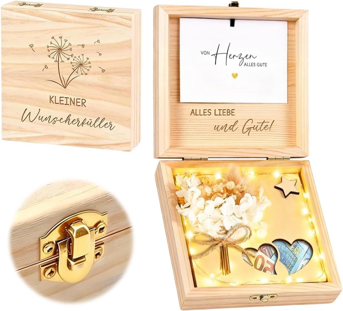 Geldgeschenk bruiloft - houten doos met LED-lichtketting - wenskaart en gedroogde bloemen - SnelShoppen
