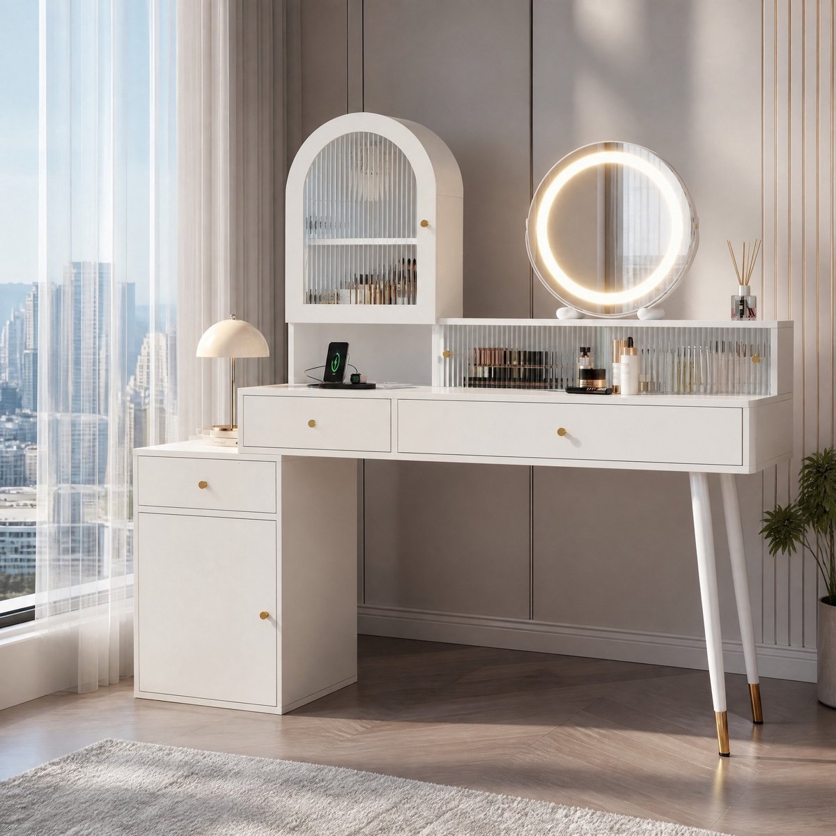 DESMIU Kaptafel – LED Spiegel Met Drie Lichtstanden – 140 X 40 X 140 Cm – MDF En Spaanplaat Met Glas – Wit – Slaapkamer En Make Up