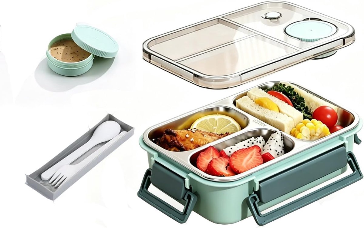 Broodtrommel met 3 vakken, lekvrije lunchbox voor volwassenen, bento box met sauscontainer en bestek, 22 x 16 x 7 cm