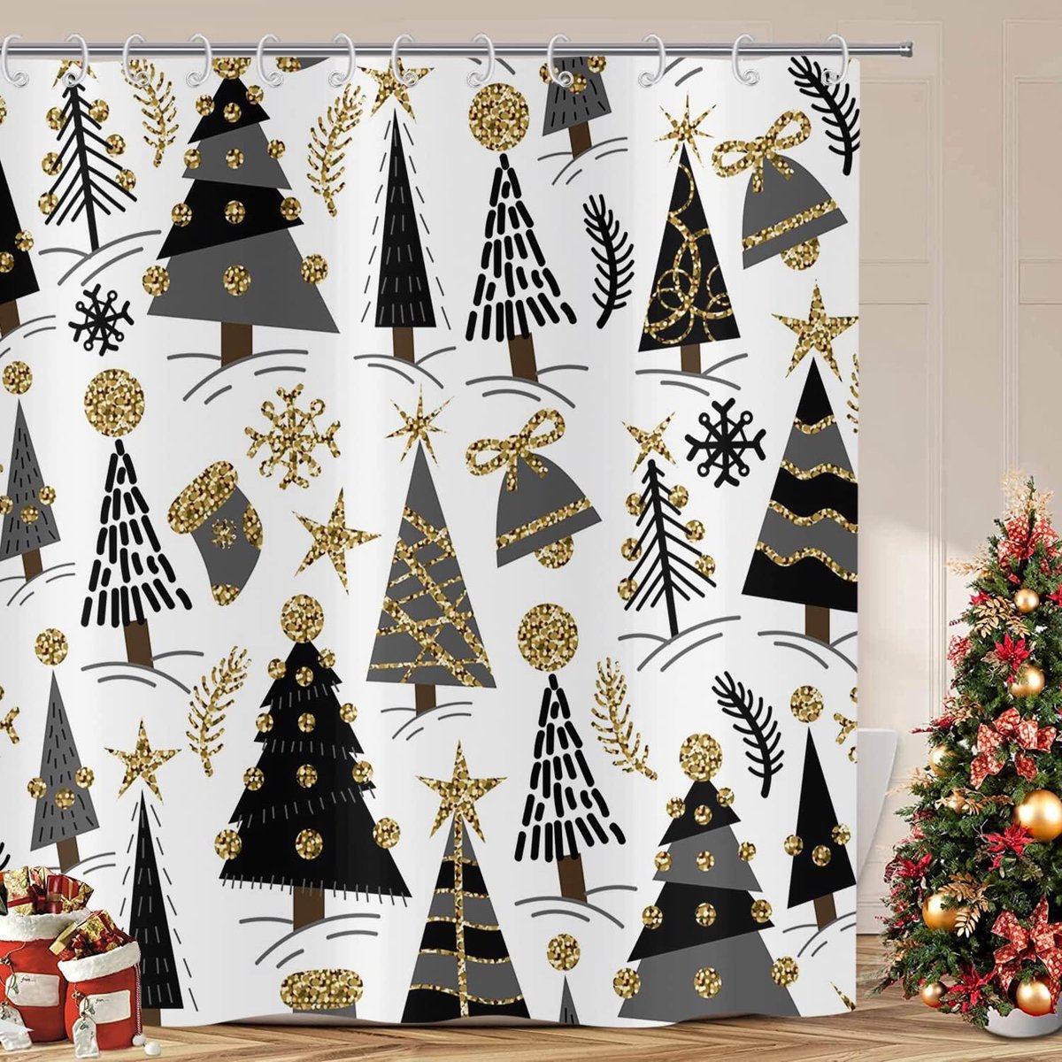 Douchegordijn, 180 x 200 cm, glanzend goud, decoratie, zwart, kerstboom, sneeuwvlok, badkamer, wasbaar, douchegordijnen, polyester textiel, waterdicht, douchegordijn voor bad met 12 haken