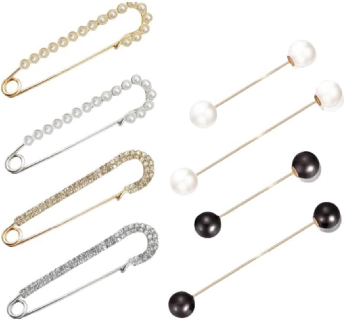 Broches en reversspeldjes voor dames, 8 stuks bandnaalden voor broeken, vesten en andere kledingstukken; anti-bloot broches; parelinzetstukken voor dames.