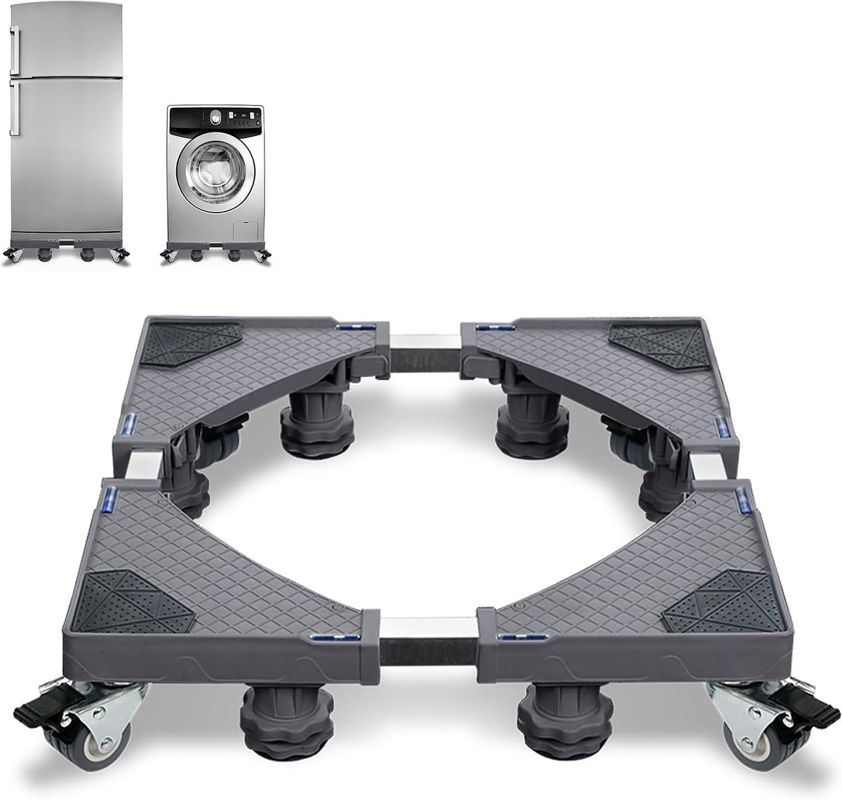 Wasmachine-onderstel, verstelbaar, 45-75 cm, met 8 poten + 4 wielen, wasmachinebasis, voetstuk & frame, sokkel voor droger, koelkast, wasmachine, draagvermogen tot 300 kg