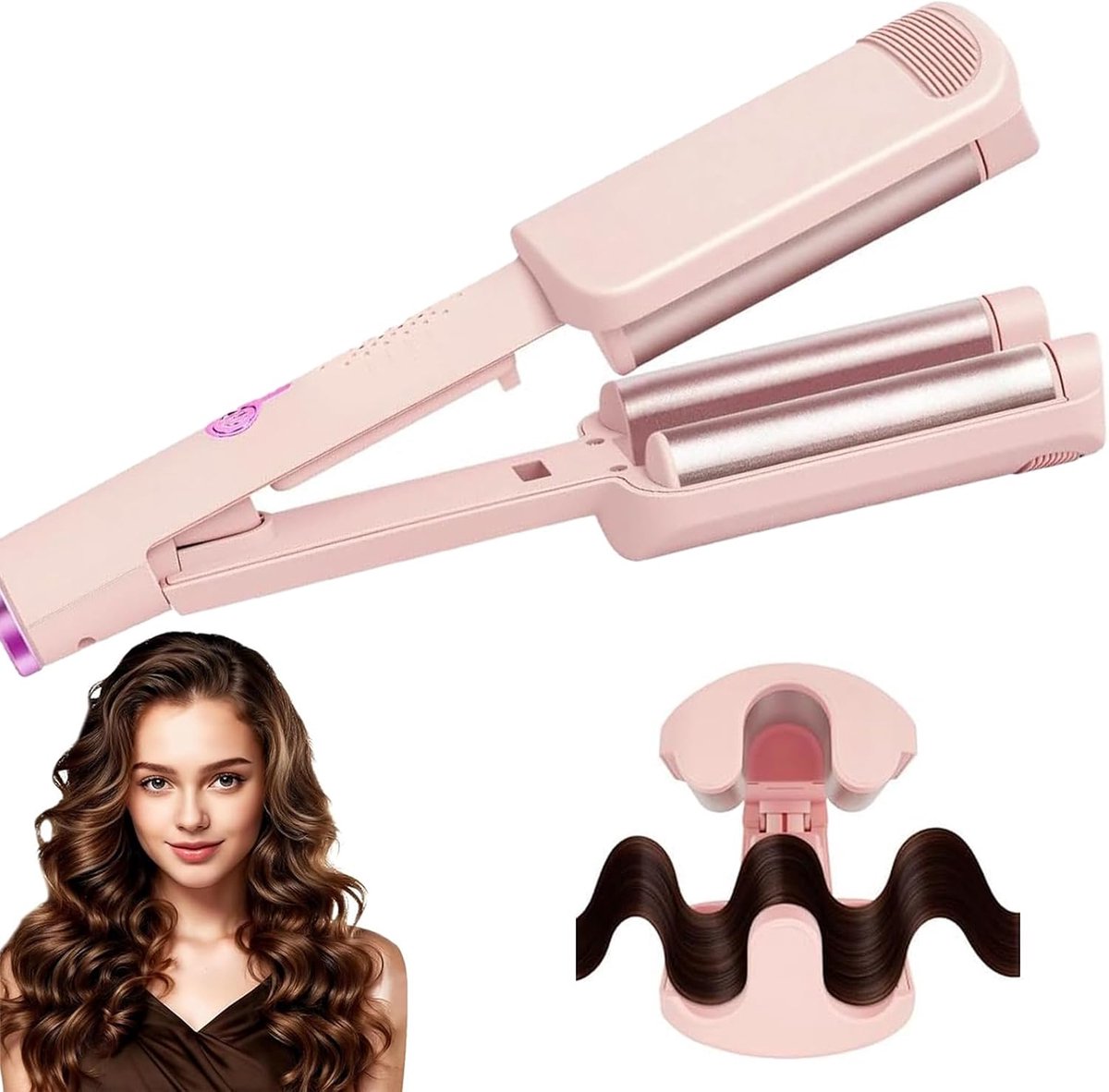 32 mm golftang voor haar, 3 temperatuurinstellingen, Beach Waves krultang, instelbare temperatuur (160 °C - 220 °C), golvende ijzer, grote golven voor lang kort haar, alle haartypes (roze)