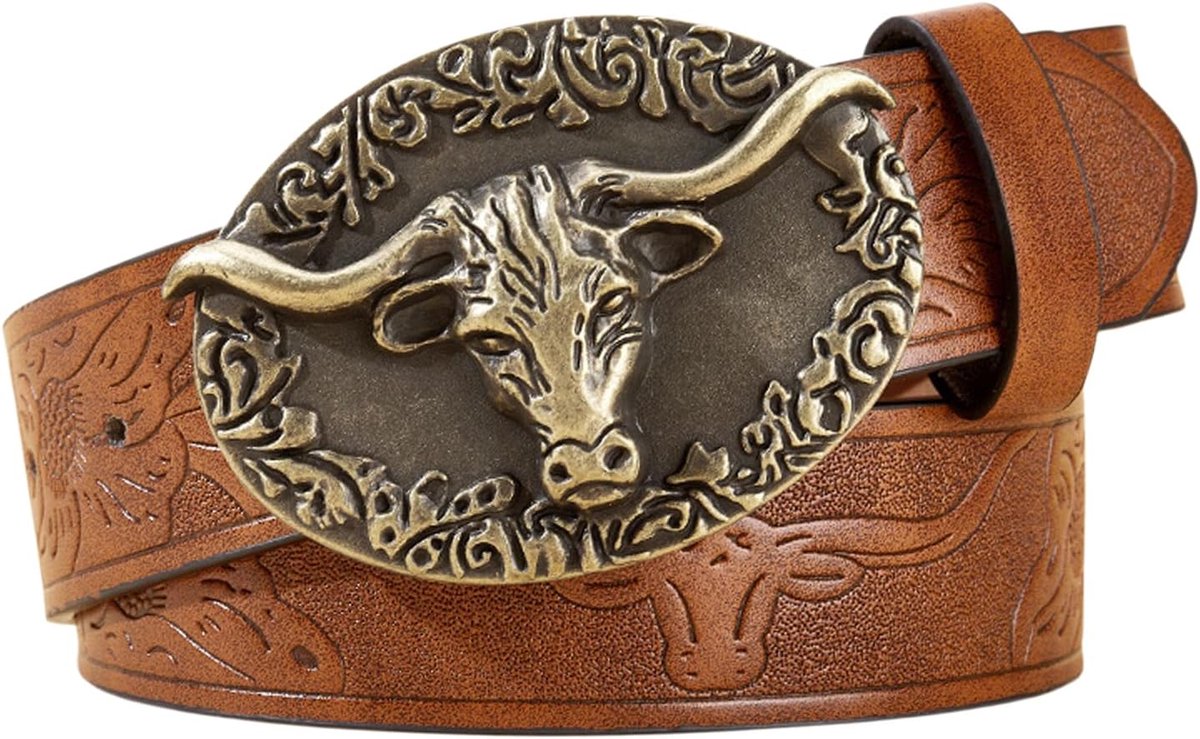Westernriem voor heren, cowboy riem van echt leer met gesp Taurus Head Vintage Mode Retro Lederen Riem Bloemen Gegraveerde Longhorn Bull voor Jeans