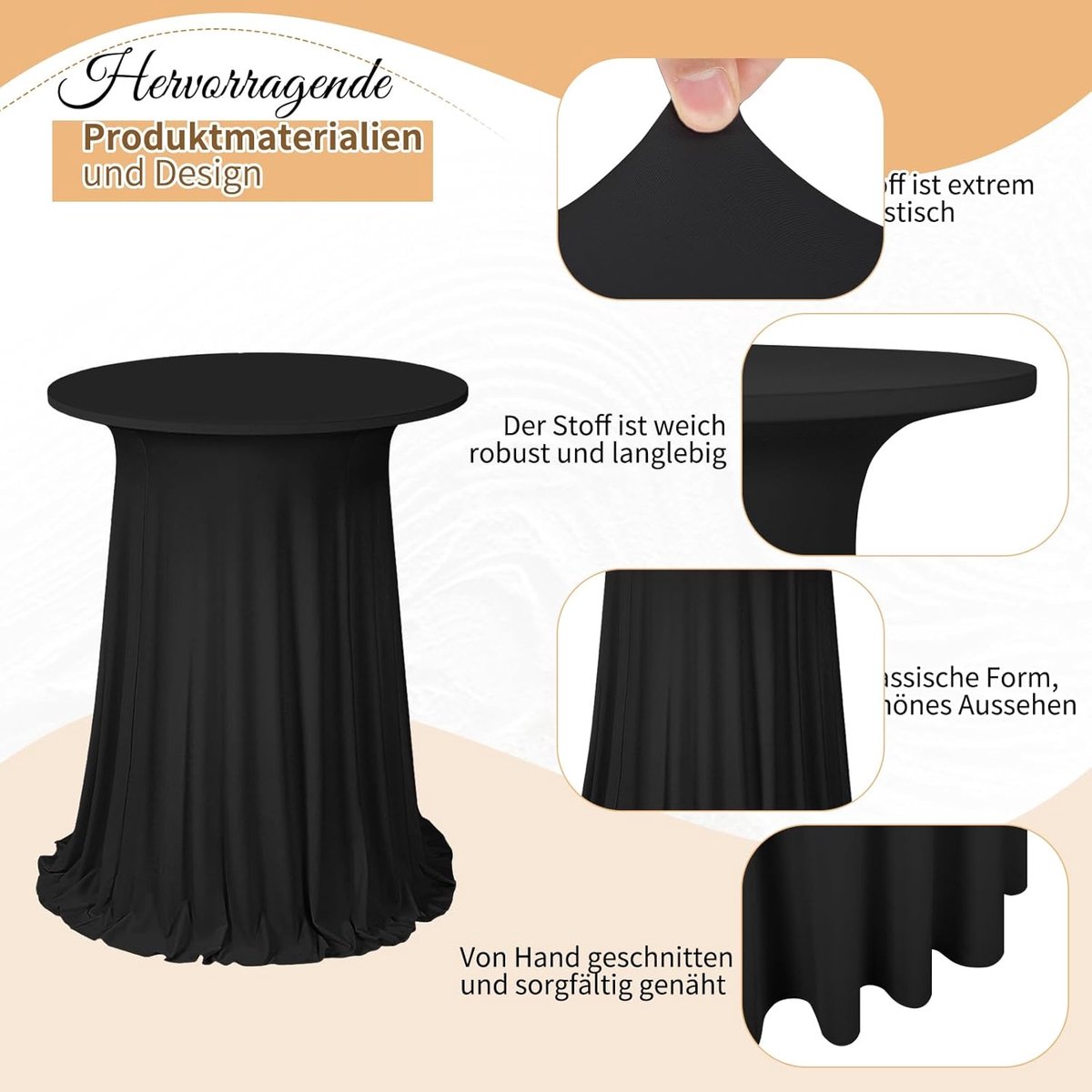 Set van 2 zwarte statafelhoezen, stretch met rok, 80 x 110 cm, vuilafstotend, kreukvrij, wasbaar, ronde stretch cocktailtafelrok van polyester, voor bruiloften, feesten, restaurants, banketten